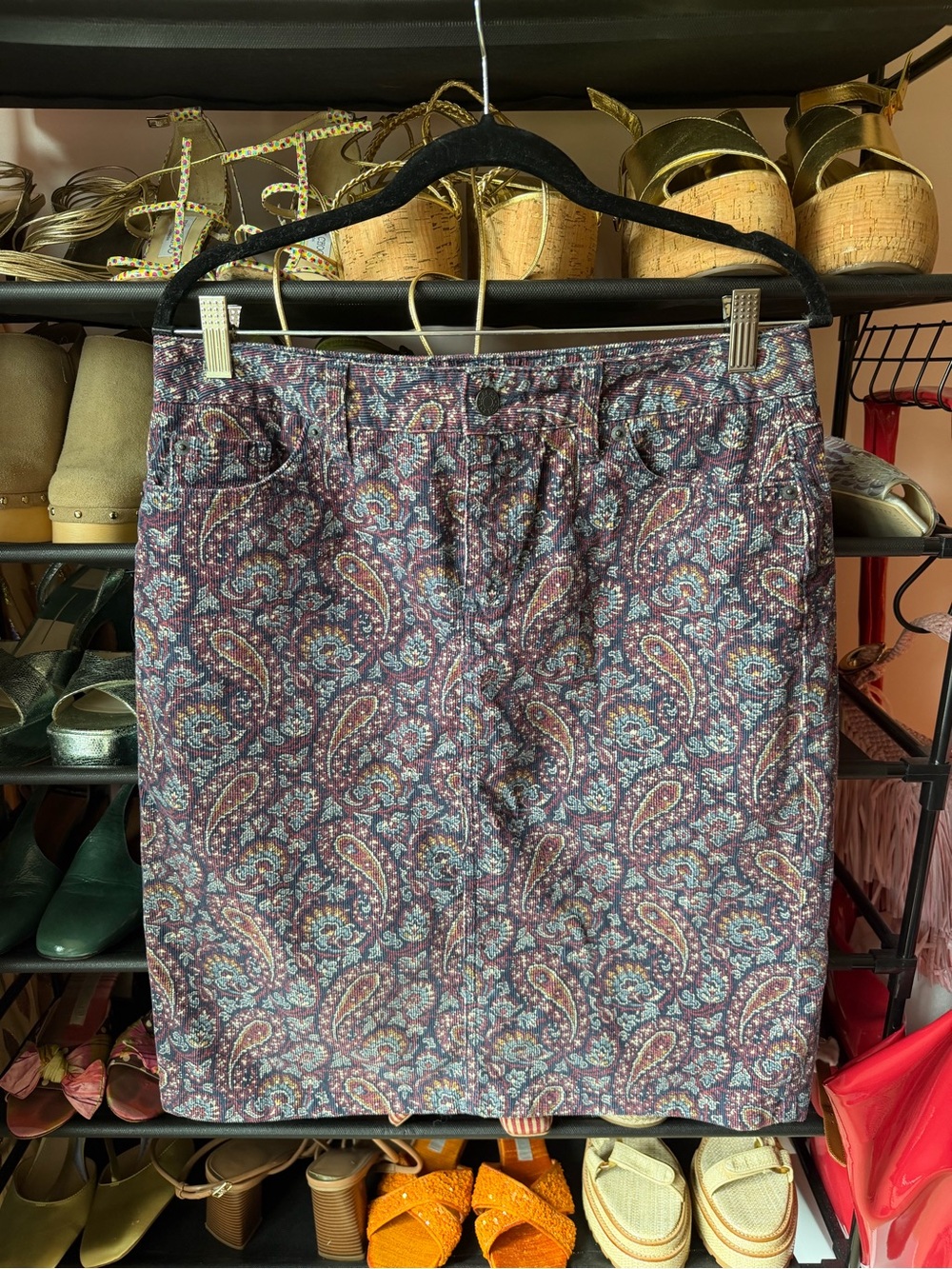 L.L. Bean Paisley Pencil Skirt in Burgundy, Blue and Cream